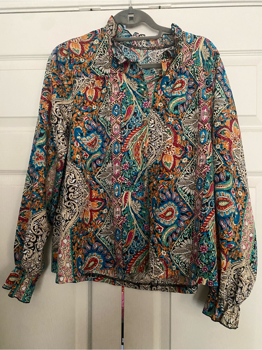 Bohemian Paisley Print Long-Sleeve Blouse - Teal Multi